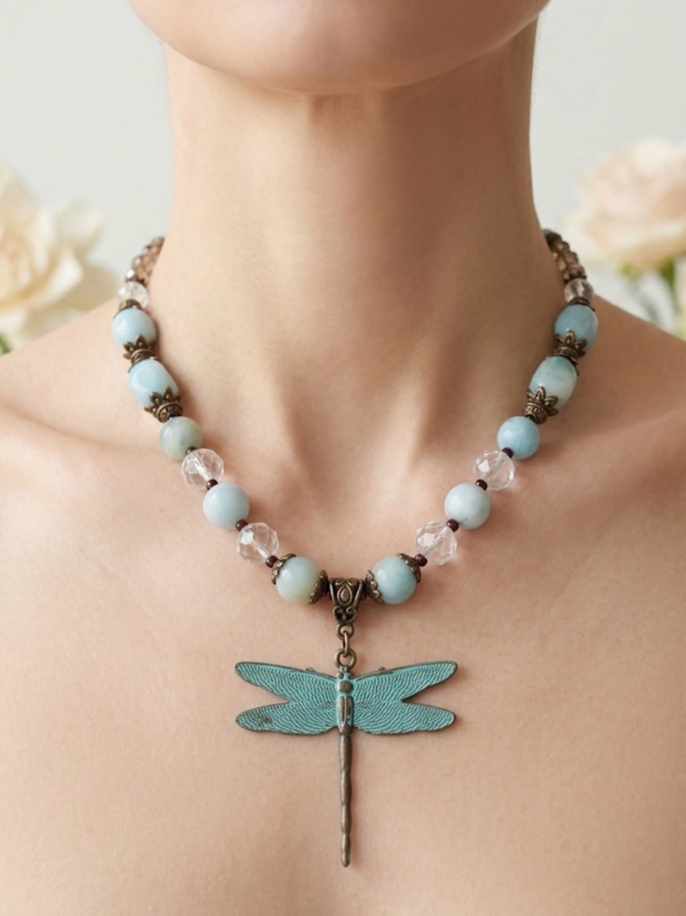 Boutique OOAK Amazonite, Crystal & Dragonfly Pendant Necklace 18”🌵 - Picture 11 of 13